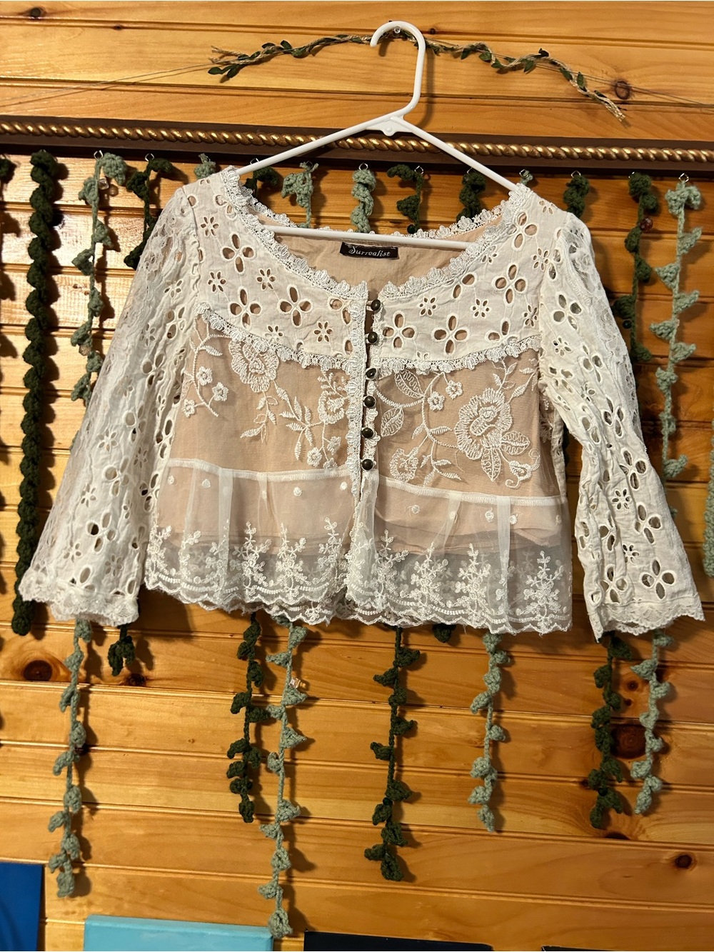 Surrealist White Lace Button-up Top